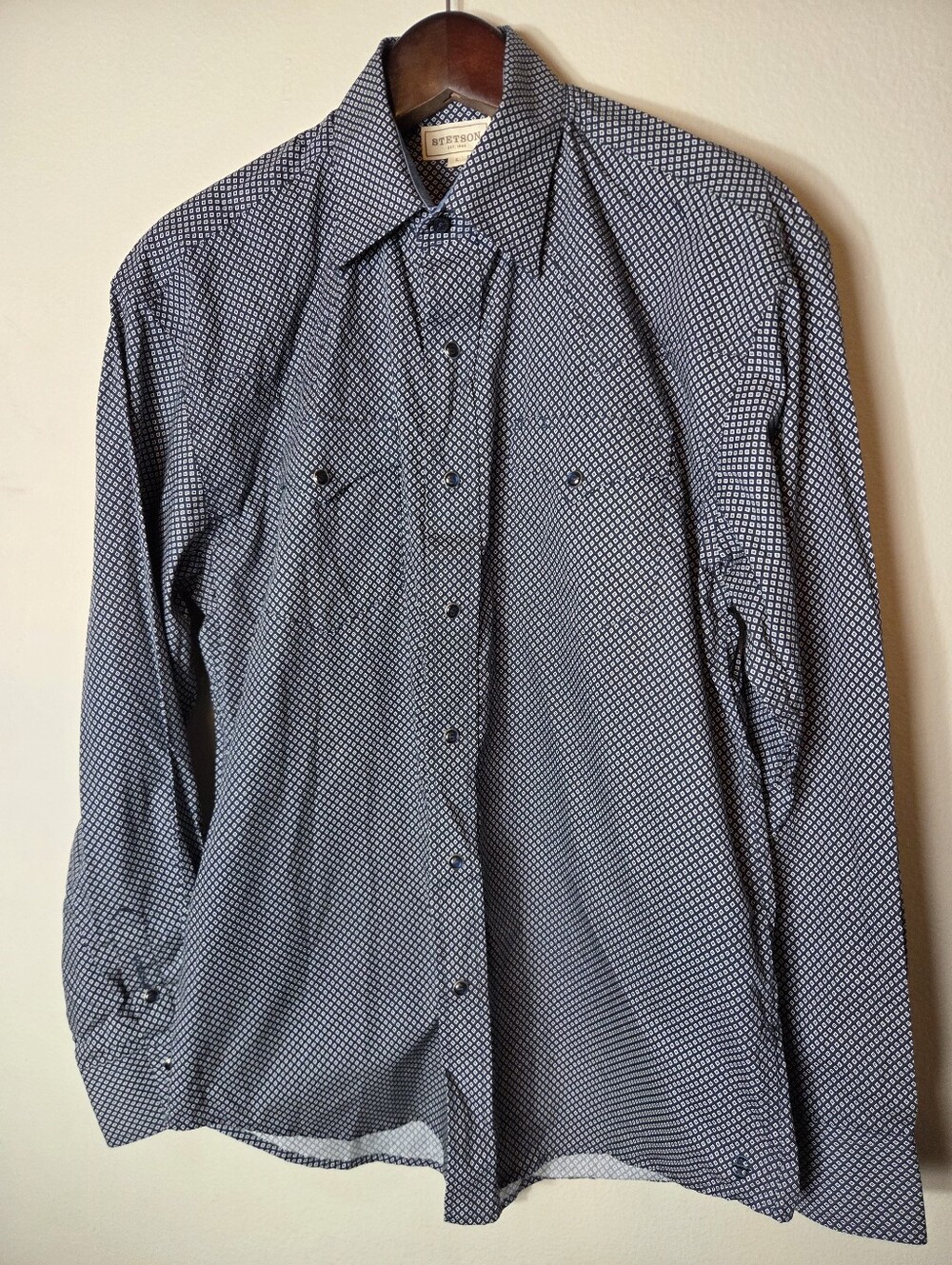 Stetson Pearl Snap Button Shirt Large Black Diamond Western Cotton